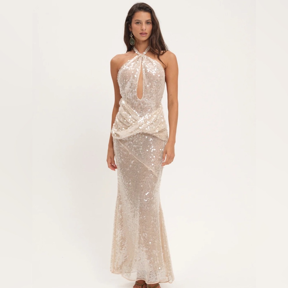 NWT For Love and Lemons Sydney Sequin Maxi Nude Halter Dress